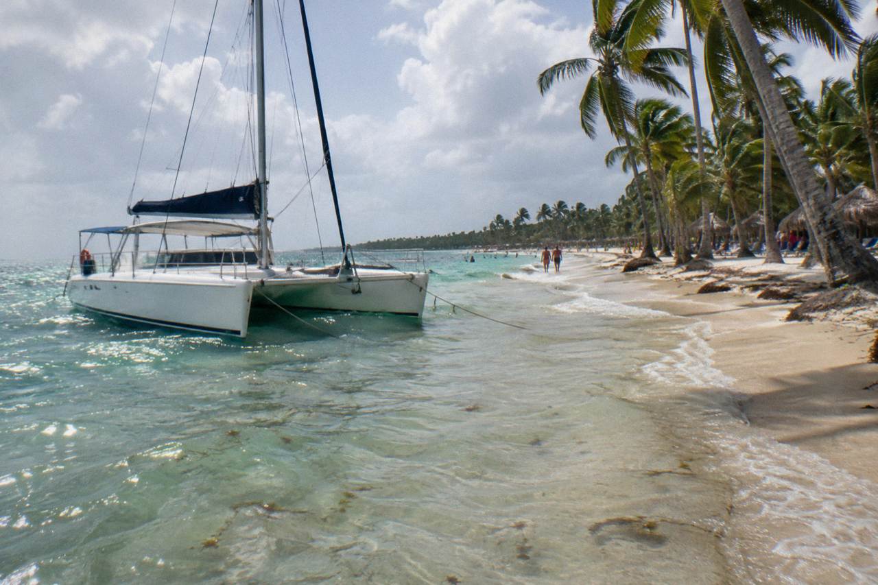 A catamaran moored in clear shallow water near a sandy beach with palm trees along the shore