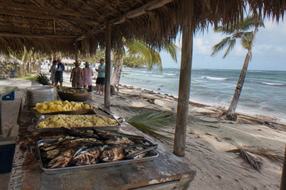 Beach buffet table with grilled food and tropical fruit under palm trees