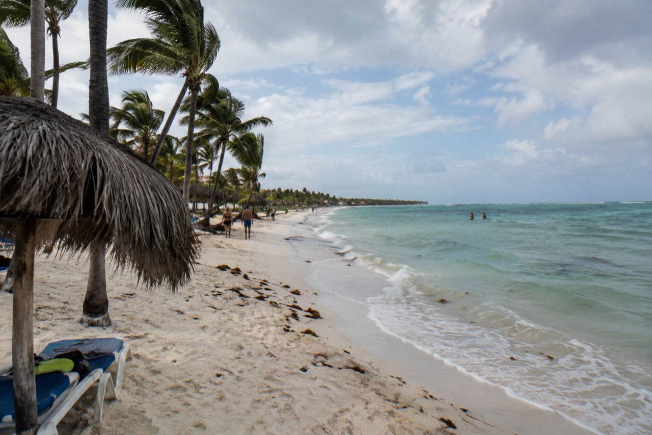 Wide sandy beach with palm trees and calm turquoise water along the Bavaro coastline