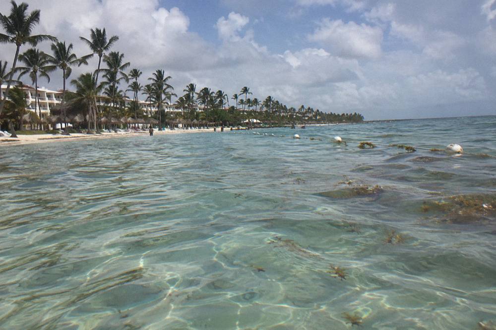 Clear waist-deep water over pale sand with ripples and a distant buoy line
