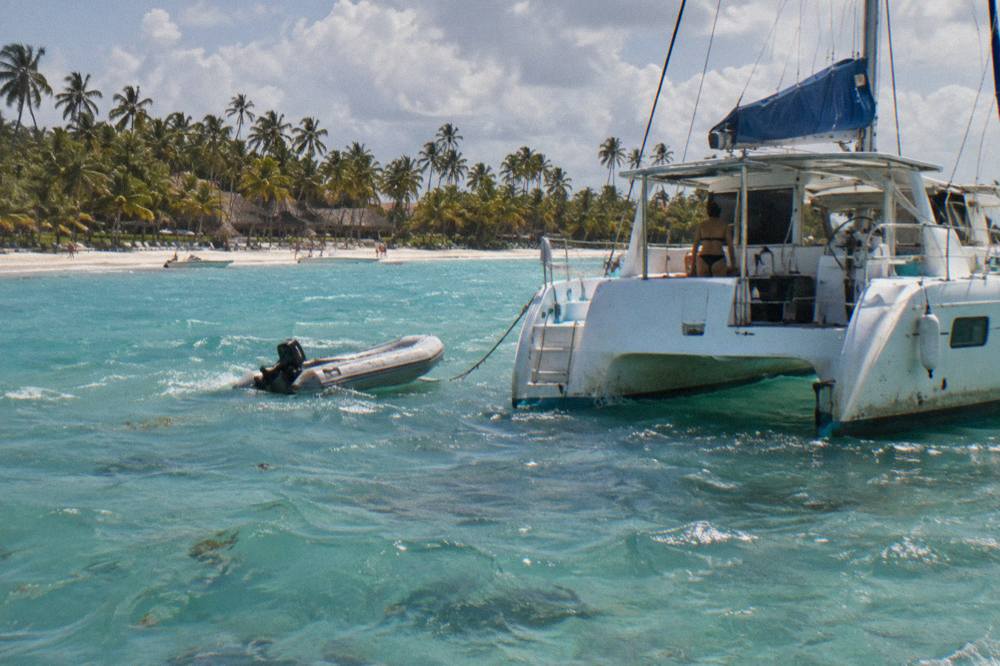 Catamaran anchored in shallow turquoise water near a palm-lined beach