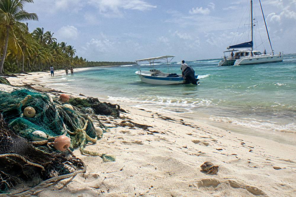 Speedboat and catamaran near a wide palm-lined island beach