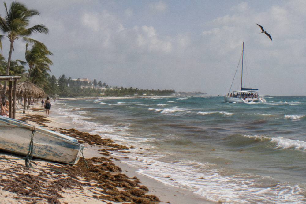A motorized catamaran cruising along the shoreline with passengers on deck