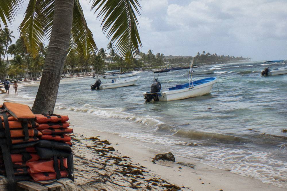 A palm-lined beach with a boarding area and boats moored in shallow water