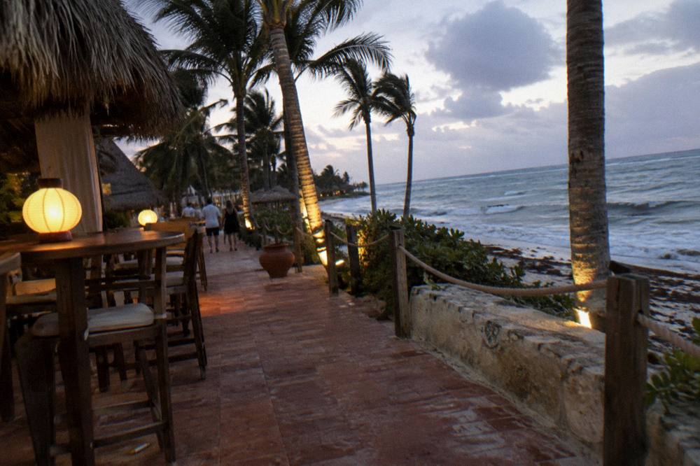 Beachfront bar tables and lanterns along a palm-lined walkway at dusk