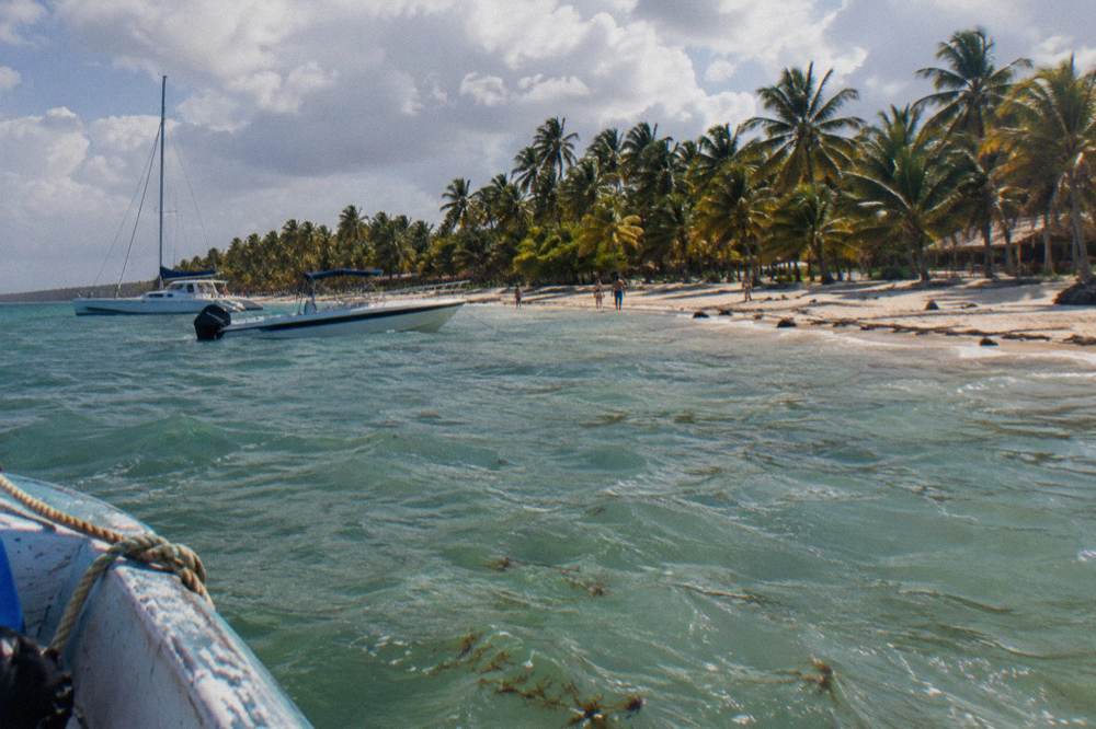 A speedboat and catamaran anchored beside a wide palm-lined island beach