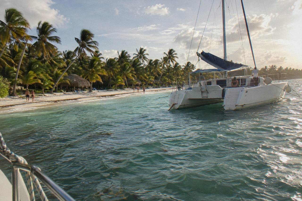 A catamaran anchored off a wide white sand beach with palm trees along the shoreline