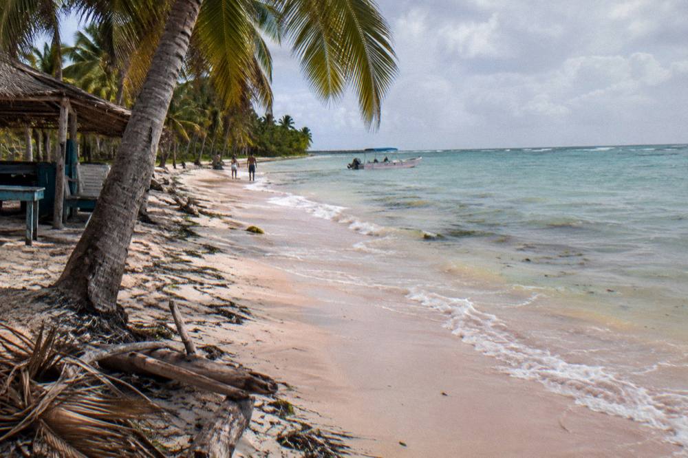 A palm-fringed white sand beach with a shallow sandbar stretching into clear water