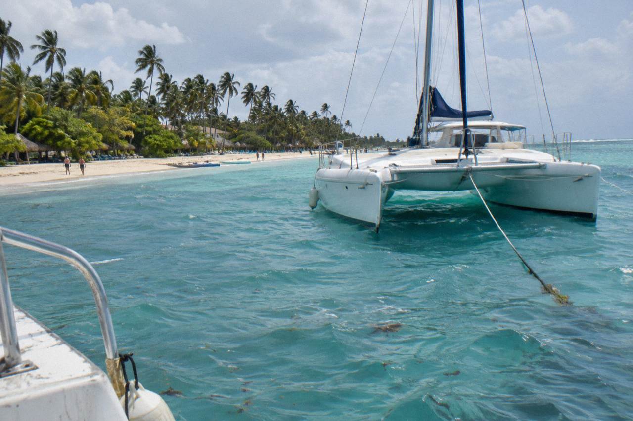 A catamaran anchored in clear turquoise water near a sandy beach with palm trees