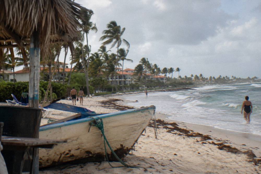 Coastal resort buildings behind palm trees along a pale sand beach